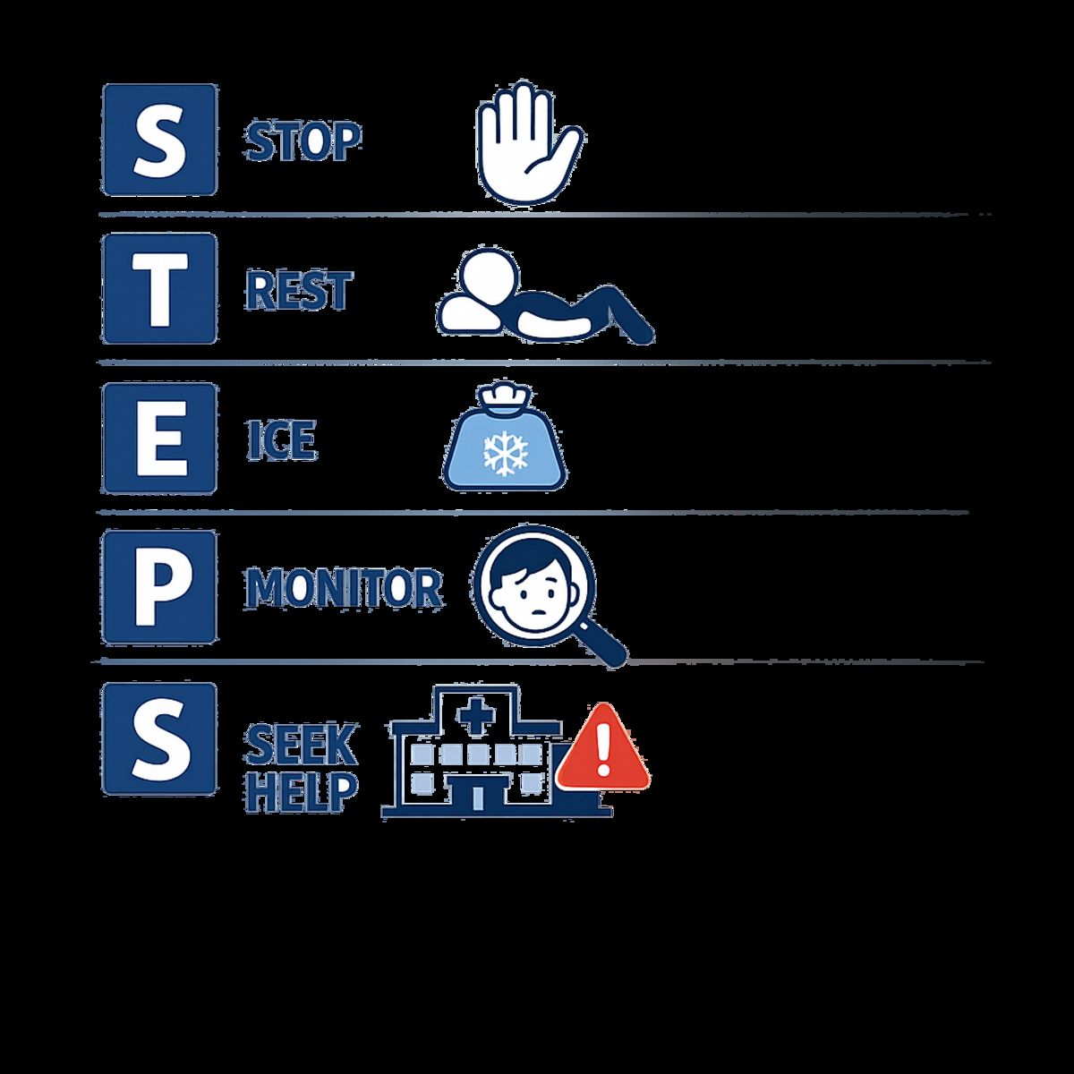 Infographic showing five steps to respond to an injury, with icons for stop, rest, cold pack, monitor, and seek help.