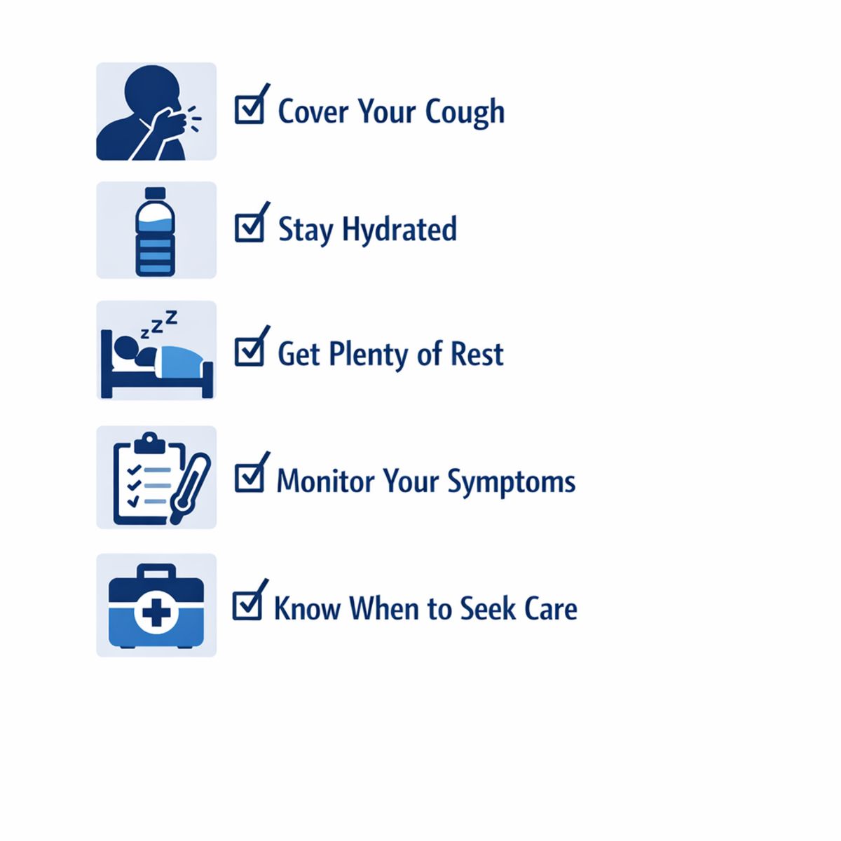 Infographic icons showing cough hygiene, hydration, rest, symptom monitoring, and seeking care.
