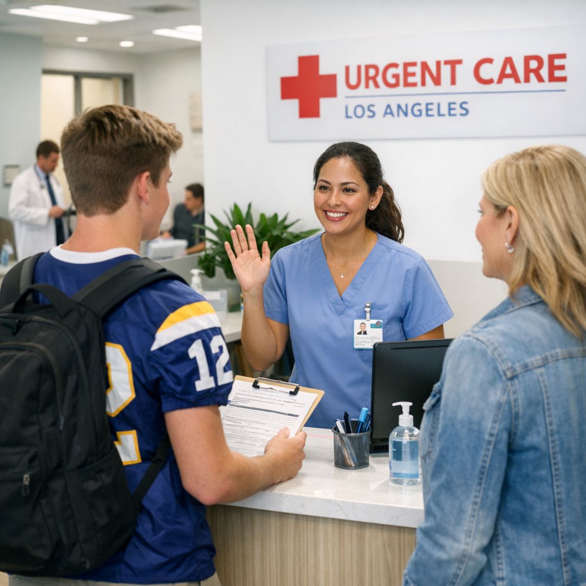 Parent and student athlete arriving at a bright Los Angeles urgent care clinic with paperwork