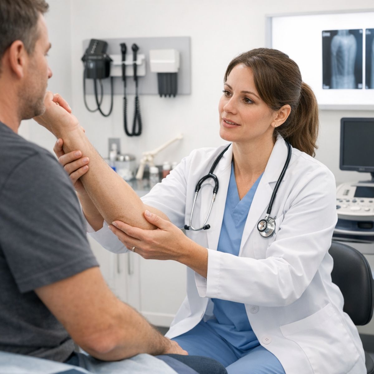 provider assessing patient's arm function in a bright urgent care exam room