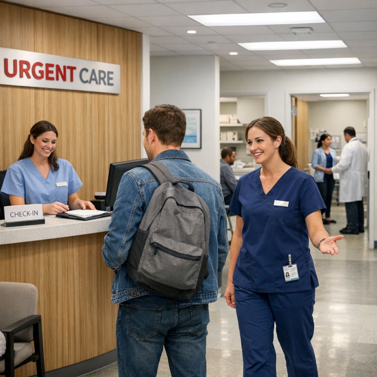 Urgent care clinic check-in with staff guiding patient to exam area in bright, clean medical setting
