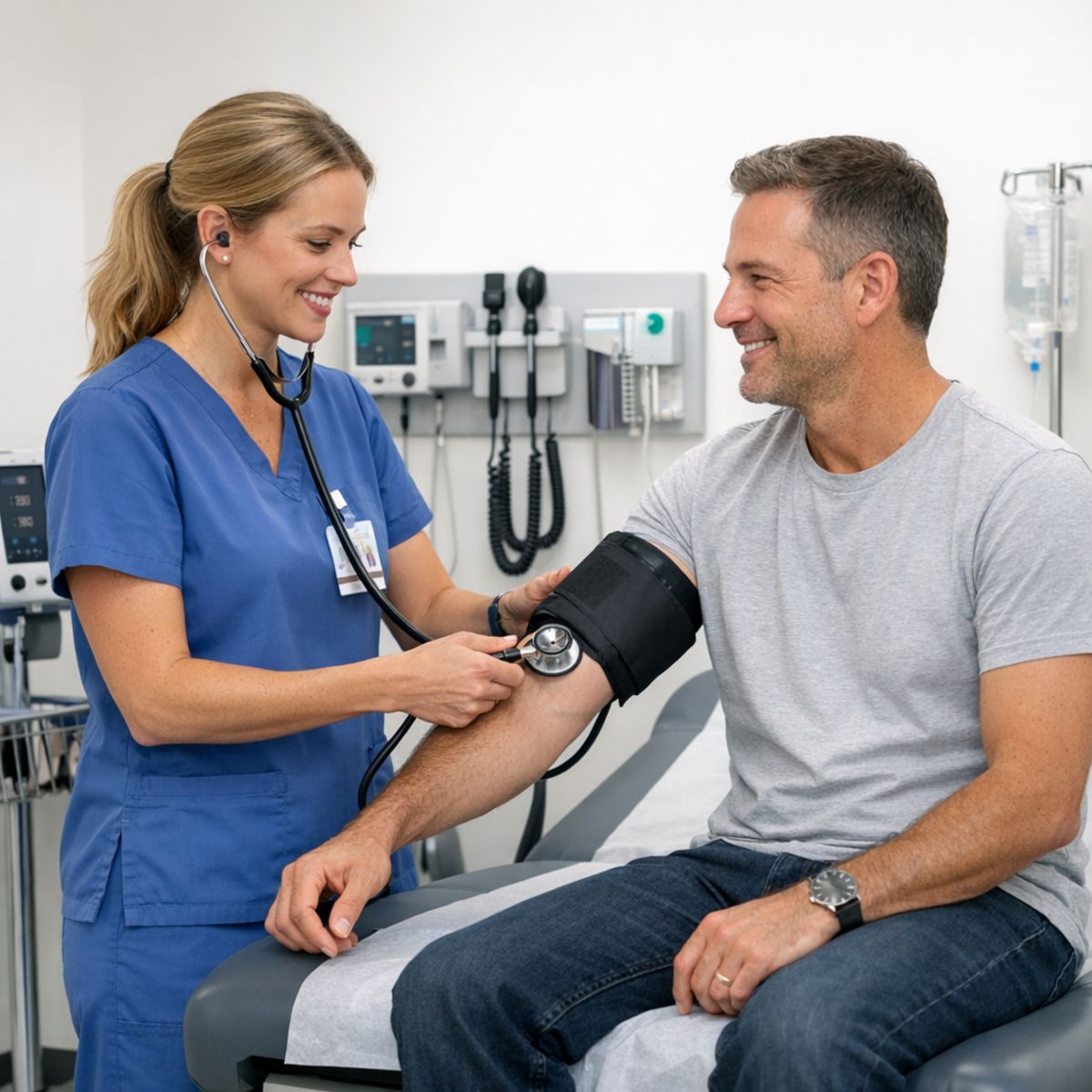 Nurse assisting patient in a modern urgent care clinic treatment room with medical equipment