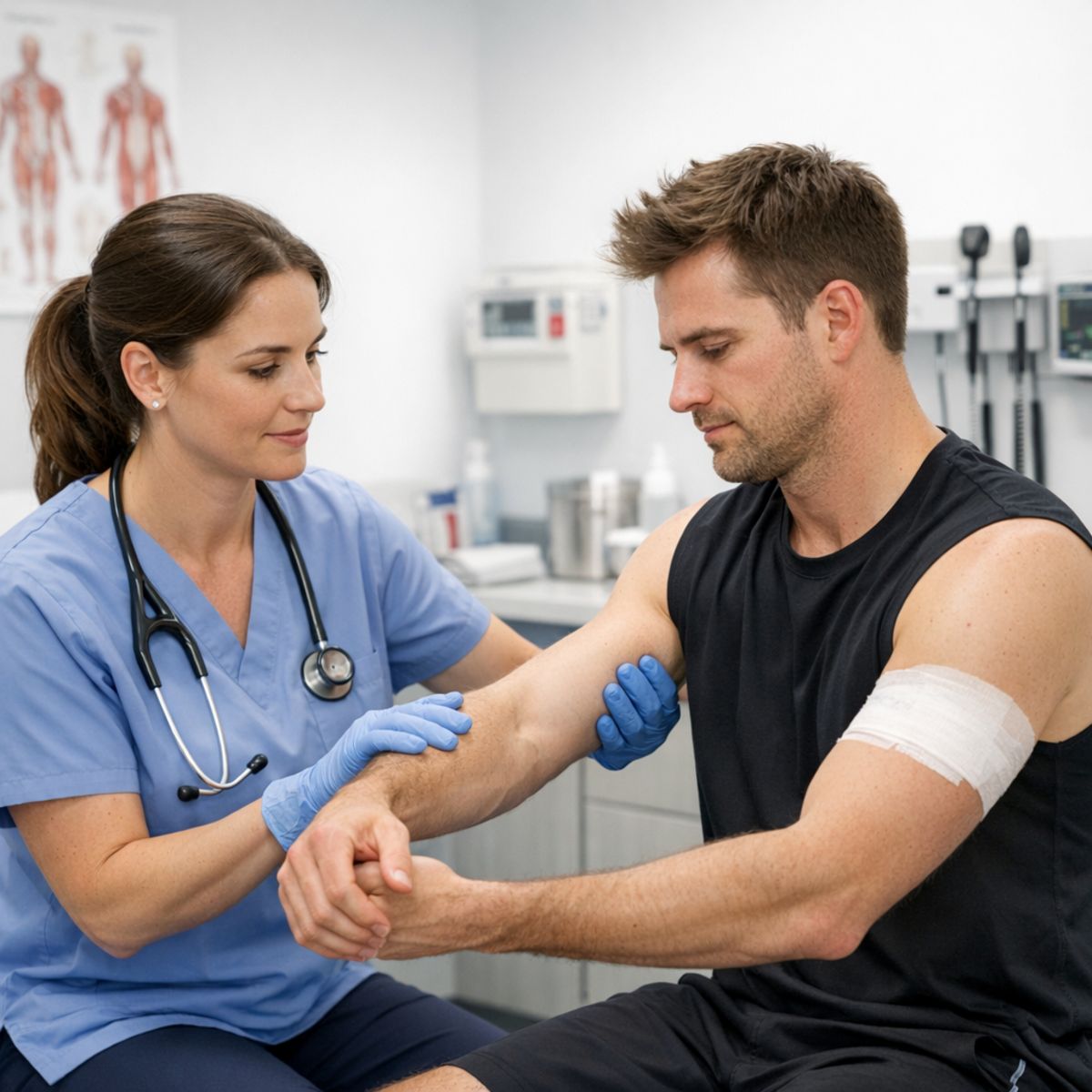 urgent care provider assessing shoulder and arm strength after injury in bright clinic room
