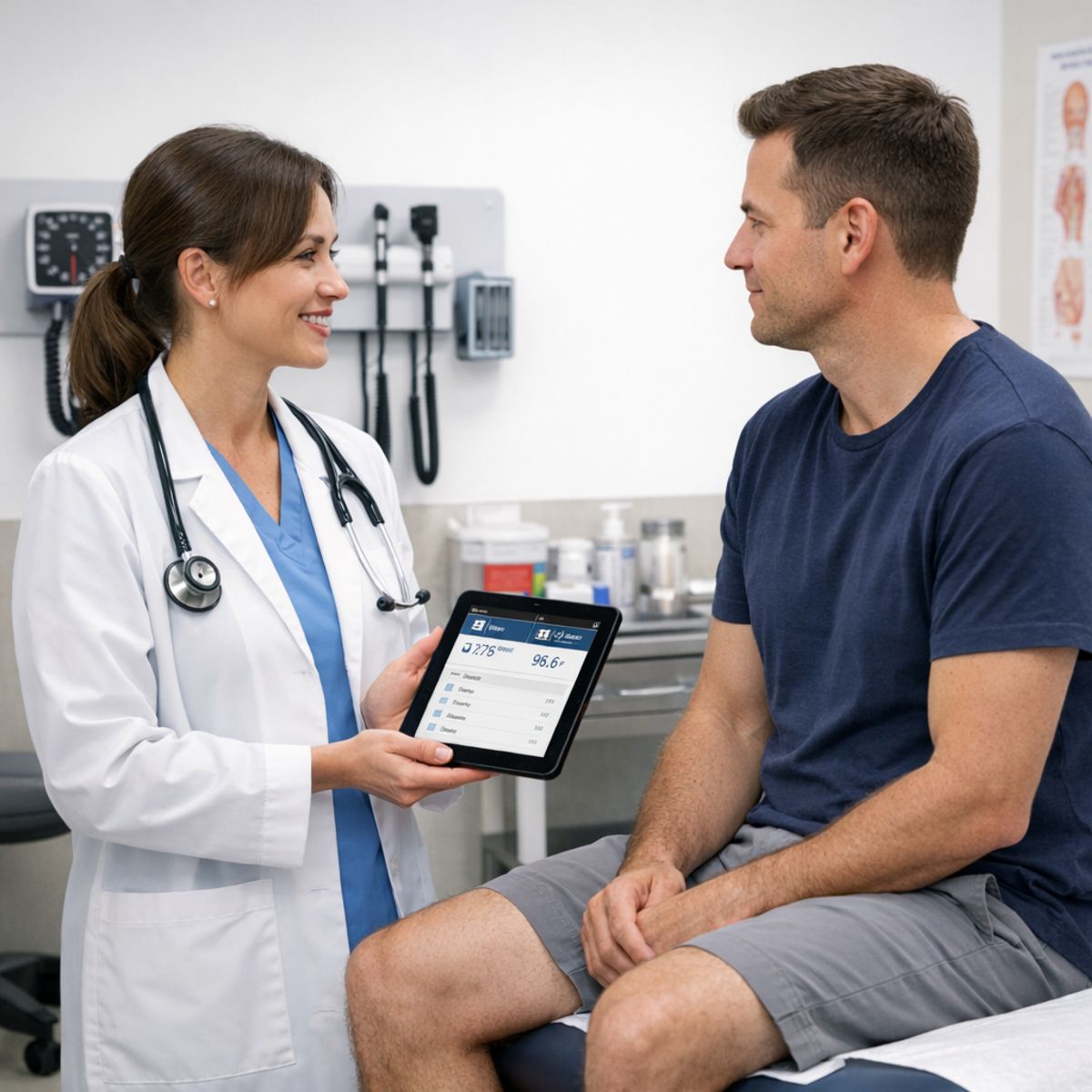 Urgent care provider discussing symptoms and vital signs with patient in a bright, modern exam room