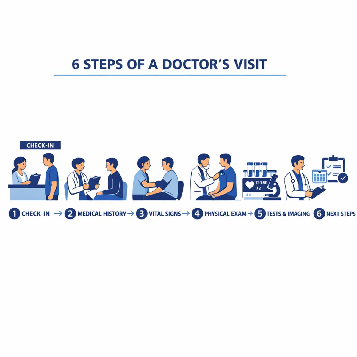 Infographic showing steps of a typical doctor examination, from check-in to next steps.