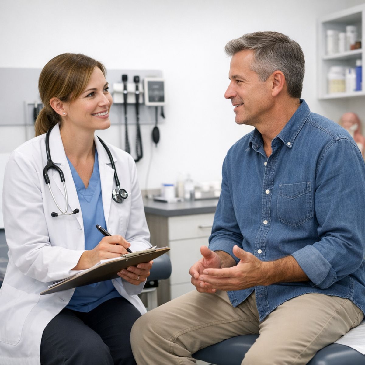 clinician consulting with patient in a clean urgent care exam room emphasizing preventive care