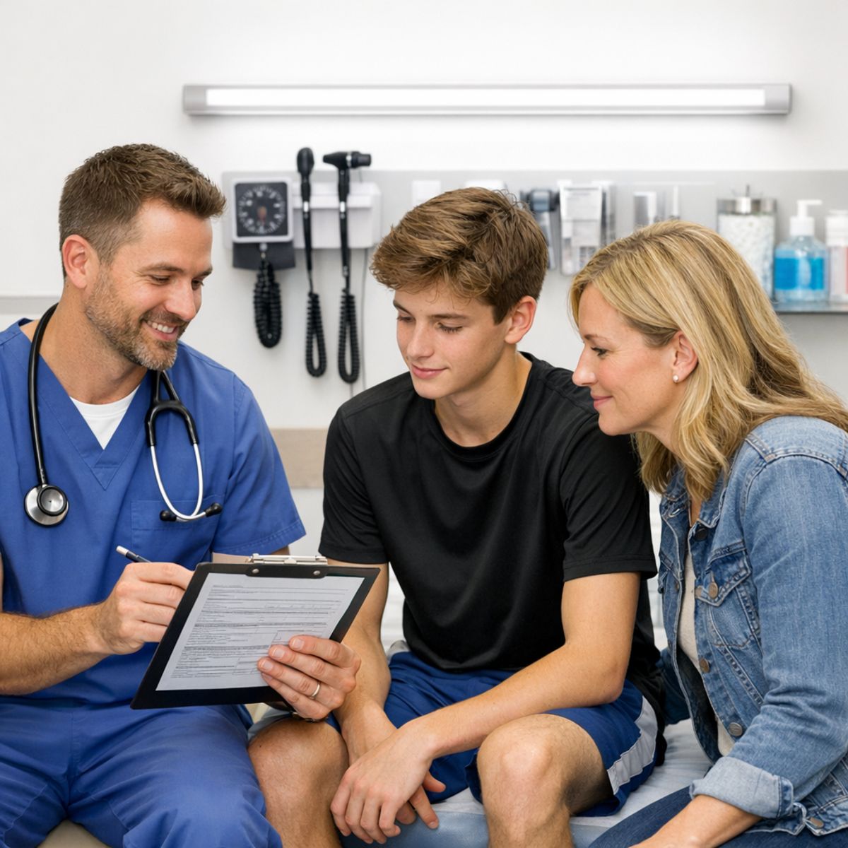 clinician reviewing sports participation form with teen athlete and parent in clean urgent care exam room