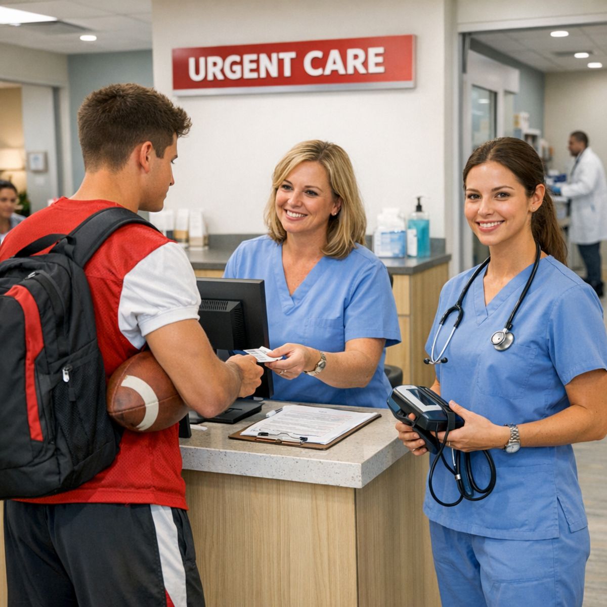 Student athlete checking in at urgent care clinic front desk as nurse prepares to take vitals