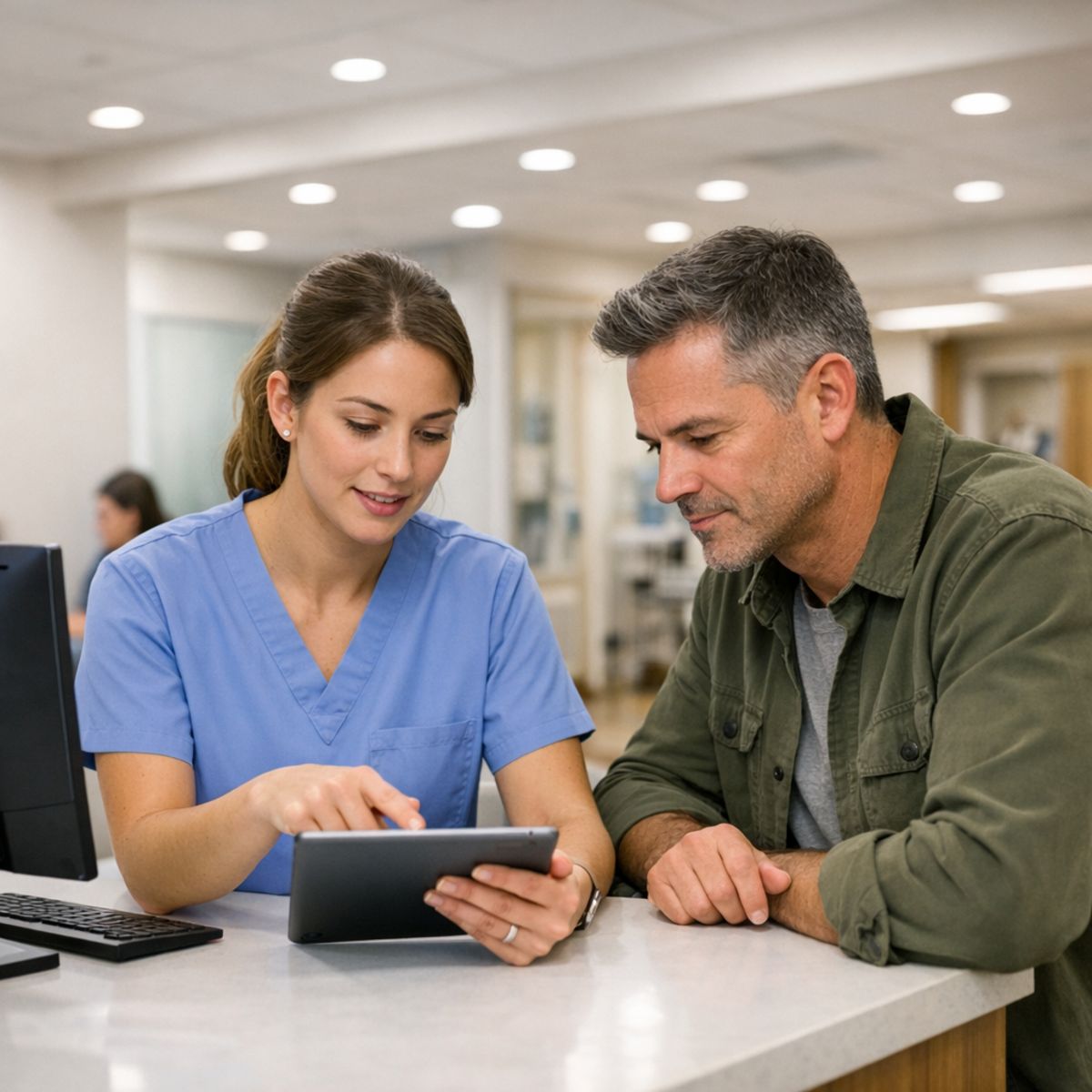 patient discussing care options with clinic staff in a bright urgent care facility