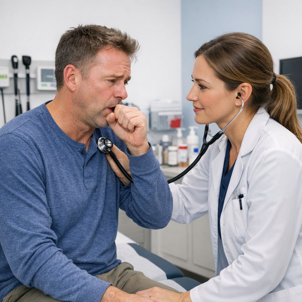 Urgent care provider examining adult patient with cough and throat symptoms in a bright exam room