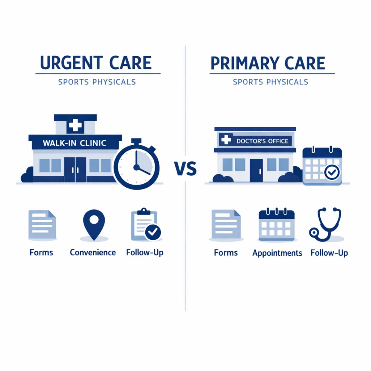 Infographic comparing urgent care and primary care for sports physicals with icons for scheduling, forms, convenience, and